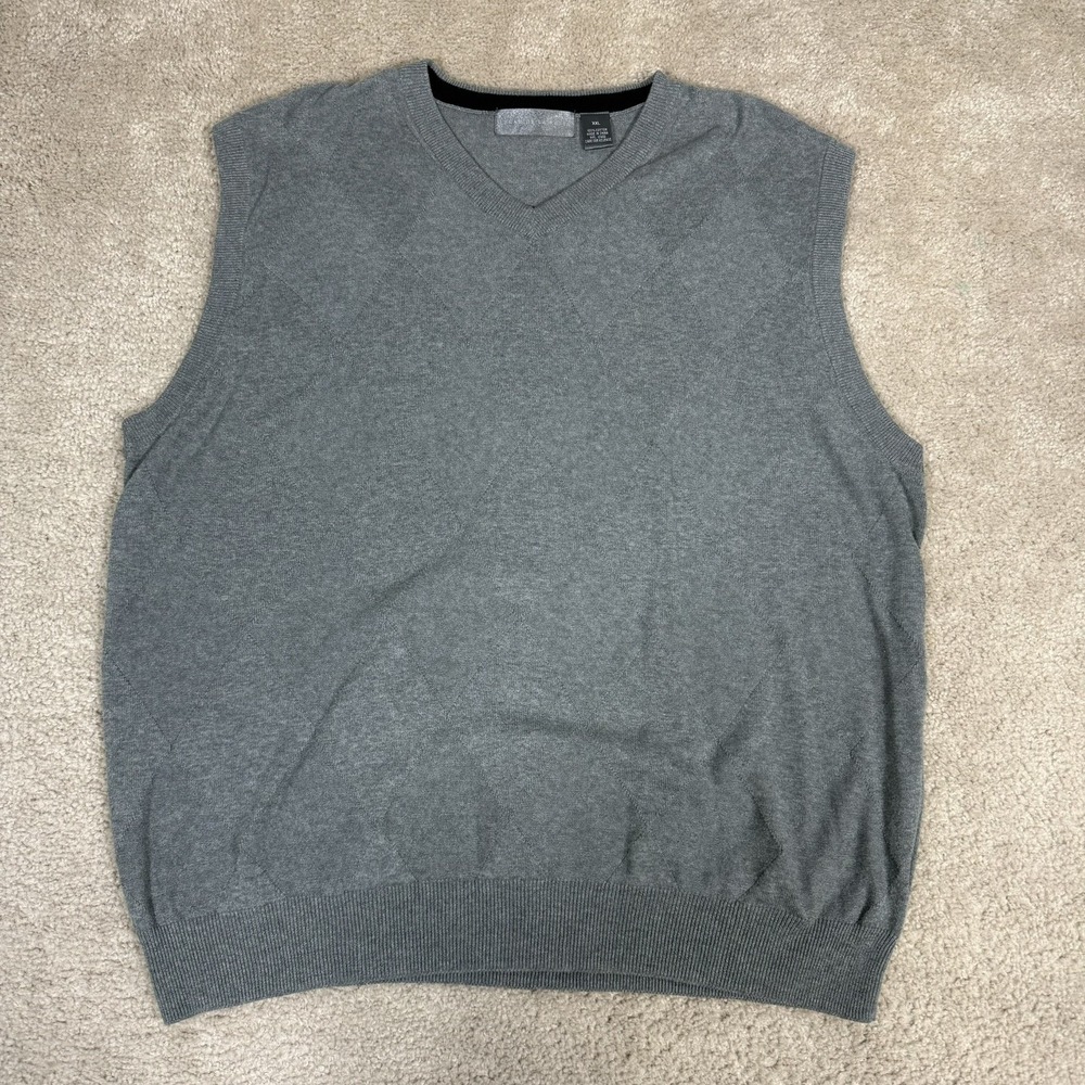 Oscar de la Renta Sweater Vest Mens XXL Gray Argyle V-Neck 100% Cotton Golf Knit
